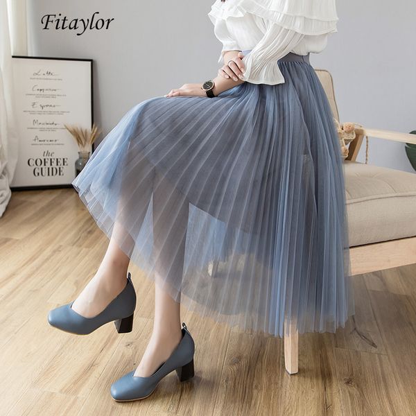 

fitaylor tulle skirts women summer elastic high waist pleated mesh skirt female black pink elegant knee-length fairy skirt