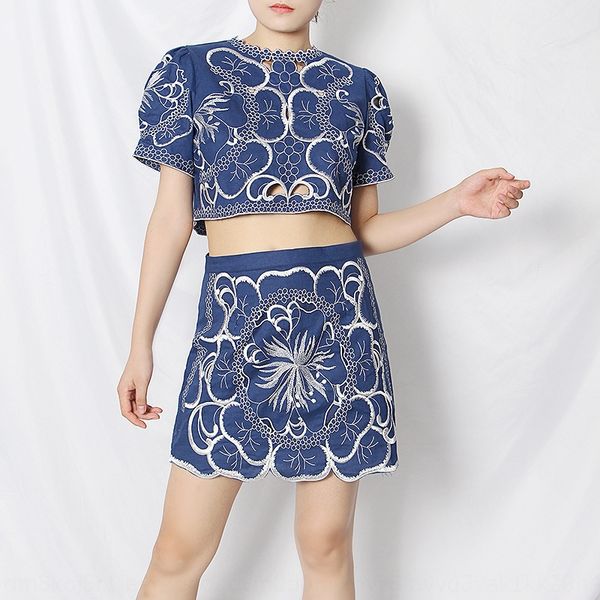 

2020 summer new women's and shorts round neck embroidery stitching hollow-out short sleeve + high waist shorts casual suit, Gray