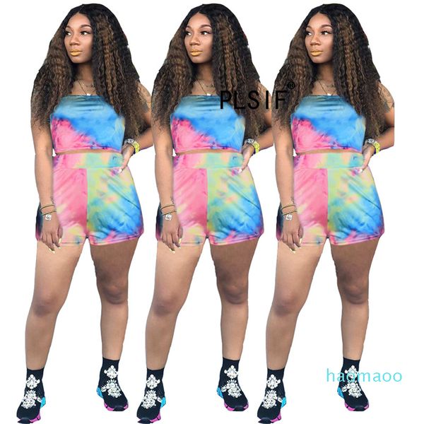 

fashion-rainbow tie dye print women clothes strapless crop + shorts 2 piece set bohemian style beach set, White