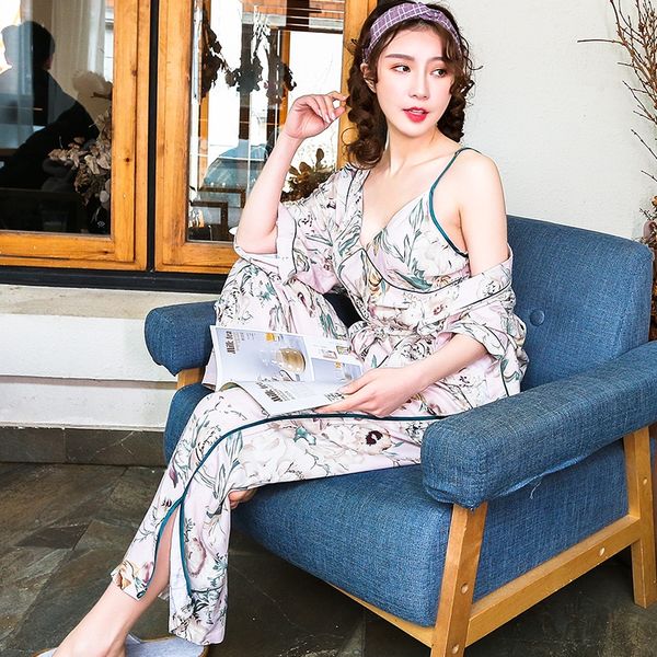 

2020 new pajamas women summer high-end satin three-piece home wear pajamas human cotton human cotton leisure suit, Blue;red