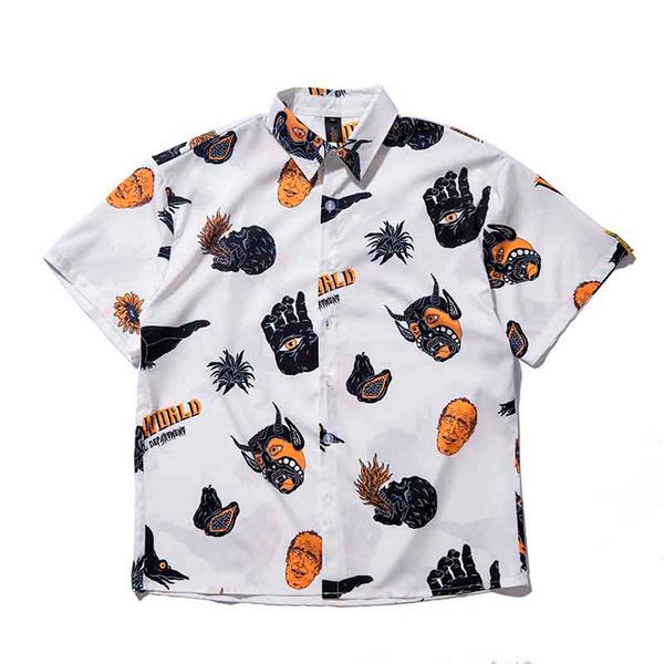 

original streetwear cartoon graffiti summer shirts loose short sleeve hawaii shirt oversize lapel hip hop tees men and women, White;black
