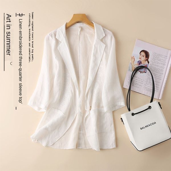 

a2-6002 (outside) thin sunscreen ramie embroidered sunscreen short coat cropped sleeve women's slim fit linen small suit short coat, White;black