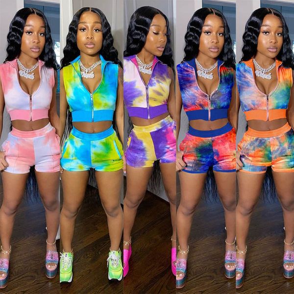 

womens 2 two piece tracksuits tie-dye zipper cardigan shorts outfits sets summer clothes casual workout suit sweatsuits nightclub clothing, Gray