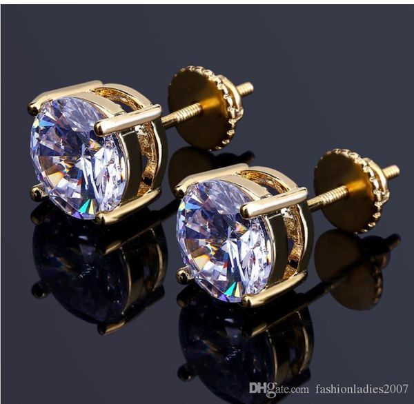 

mens hip hop stud earrings jewelry fashion hip hop screw back round gold silver simulated diamond earring for men, Golden;silver