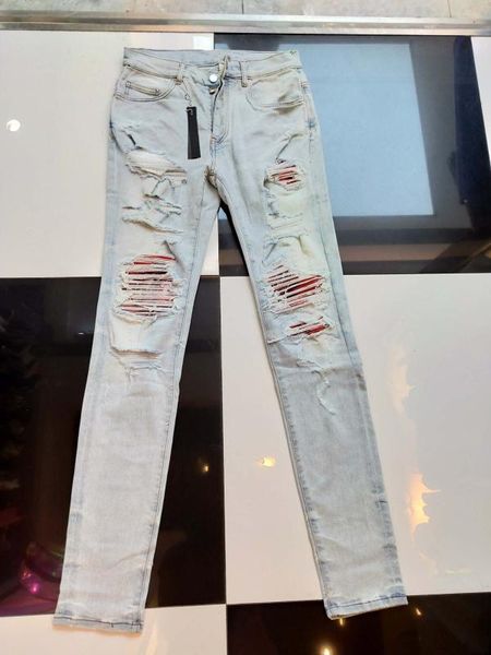 

men red ribbed patch distressed slim fit lt blue jeans