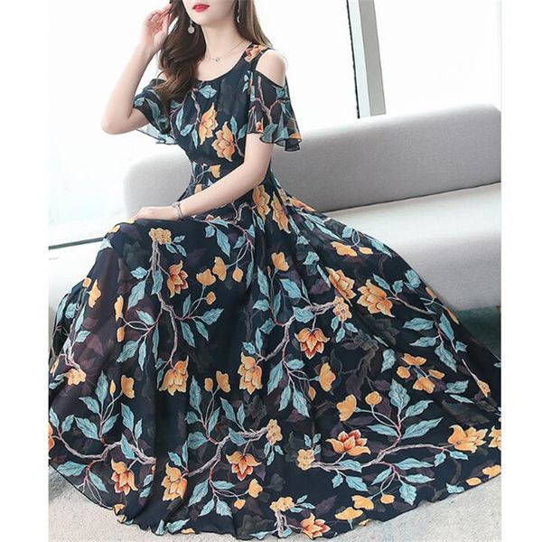 

2020 korean summer new women's fashion temperament o-neck print short-sleeved long section chiffon dress women, Black;gray