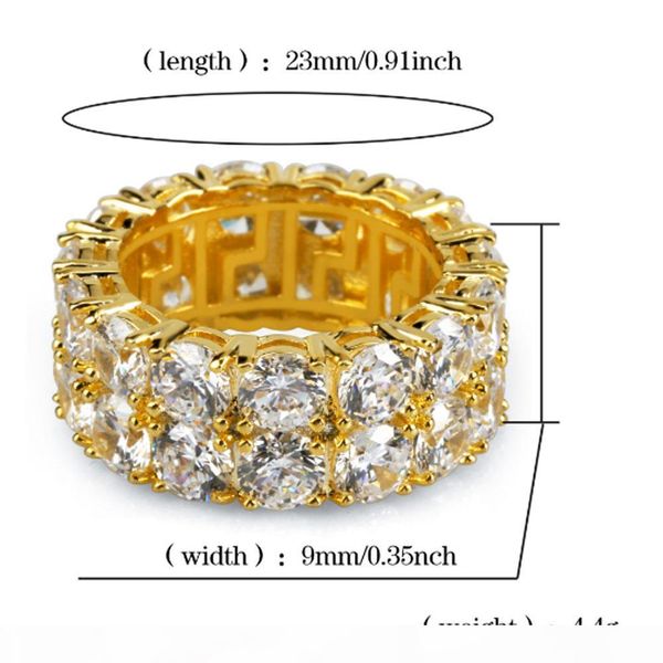 

mens 2 row iced out 360 eternity gold bling rings micro pave cubic zirconia 18k gold plated simulated diamonds hip hop ring with gift box, Golden;silver