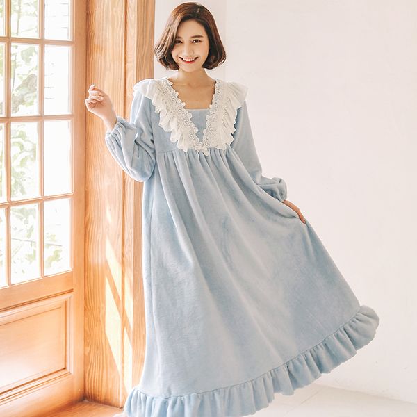 

thicken flannel female nightgowns for women winter warm sweet princess white lace sleepwear feminino nightwear xmas gift, Black;red