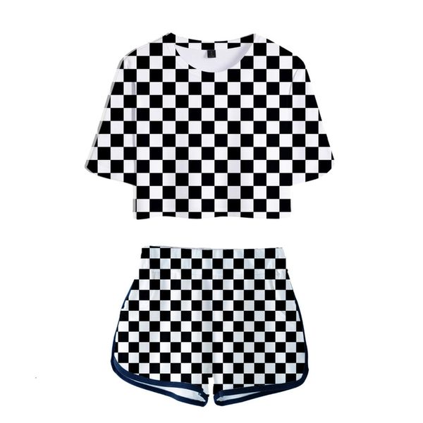 

3d exposed navel t shirt+shorts print ghost blade women's/girl's two-piece sets casual summer 3d black and white plaid suits, Gray