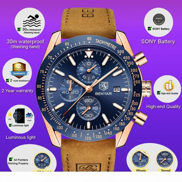 

benyar мужские часы силиконовый ремешок водонепроницаемые спортивные кварцевые часы хронограф мужские часы relogio мужчина для, Slivery;brown