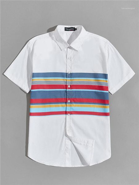 

мужские colorblock полосатая рубашка с коротким рукавом мандарин воротник однобортный повседневный homme сыпучие top, White;black