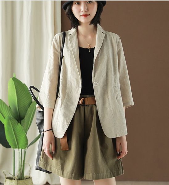 

literary style casual 19 summer new simple coat solid color linen fashion all-match coat suit 4315, Tan;black