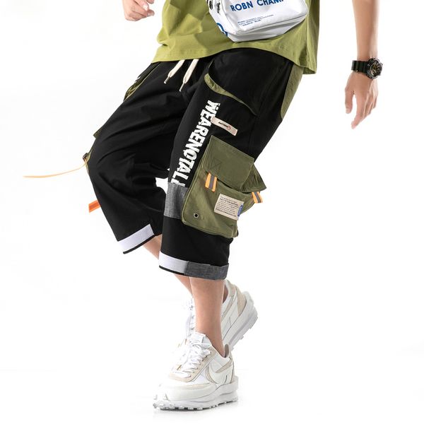

men 2020 summer new hip hop reflective pockets cargo shorts color patchwork casual knee length streetwear shorts man joggers men, White;black