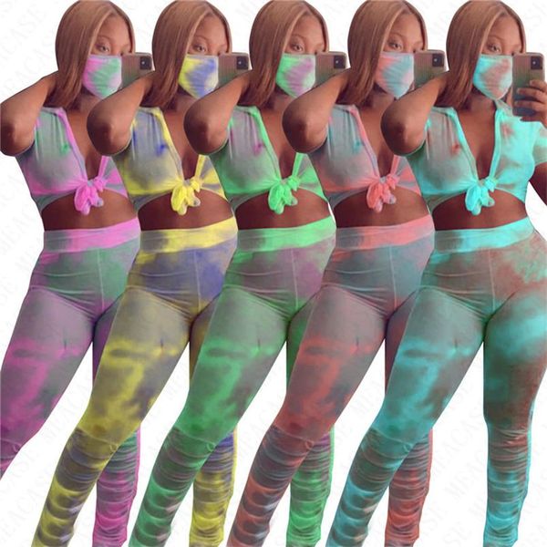 

tie-краситель печать женщины tracksuit t рубашки sexy bow tops crop и взъерошенные брюки костюмы с маска для лица 3pcs / комплекты мода спор, White