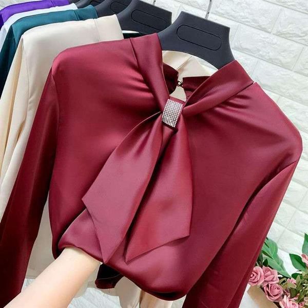 

casual solid female shirts outwear new women office uniform blouse style lady v-neck button loose satin bow tie blouse, White