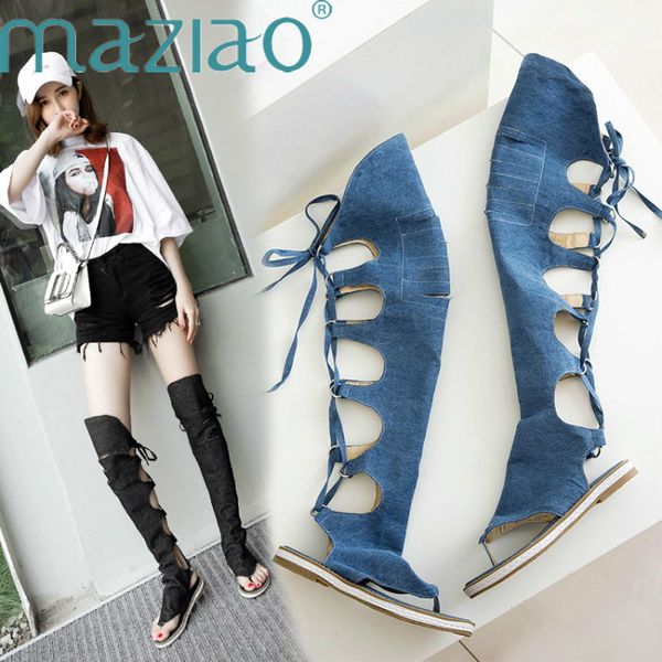 

women thong shoes denim summer boots low heels over the knee high boots woman black blue beige shoes clip toe sandals maziao