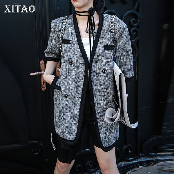 

xitao patchwork pocket thin jackets women 2020 autumn tide fashion new style v neck collar double breasted casual coat zp1632, Black;brown