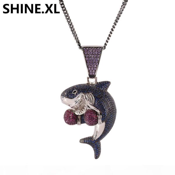 

animal cartoon boxing shark pendant necklace purple color plated men hip hop bling jewelry gift wholesale, Silver