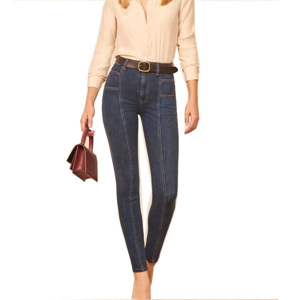 

women's jeans lady's casual middle-waisted pants plus size for women pencil with thin stitching, Blue