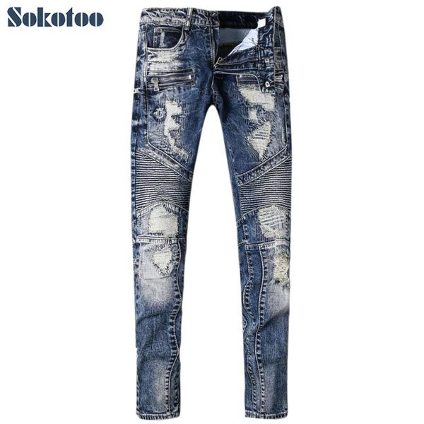 

sokotoo men's casual holes ripped biker jeans for moto slim blue stretch denim pants patch long trousers