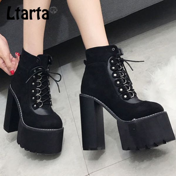 

ltarta women's boots thick super women's boots with high-heeled ankle platform lace up casual shoes .-7863, Black