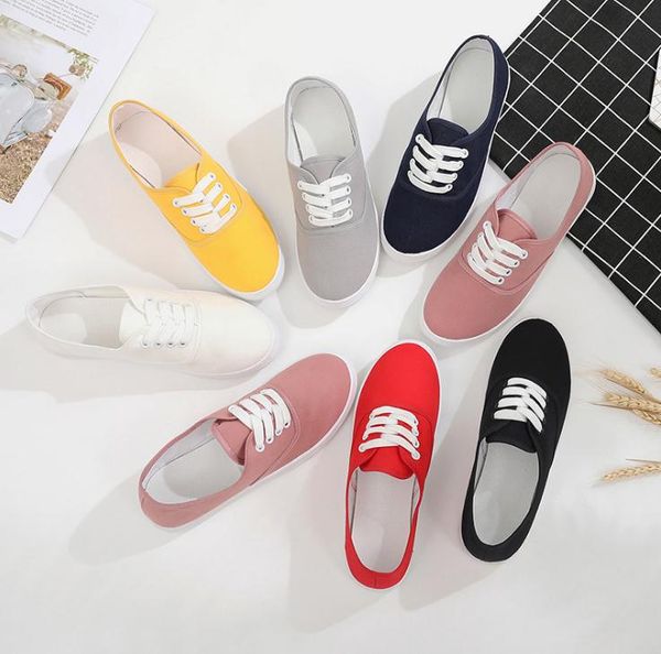 

lace-up canvas shoes white shoes casual flat, Black