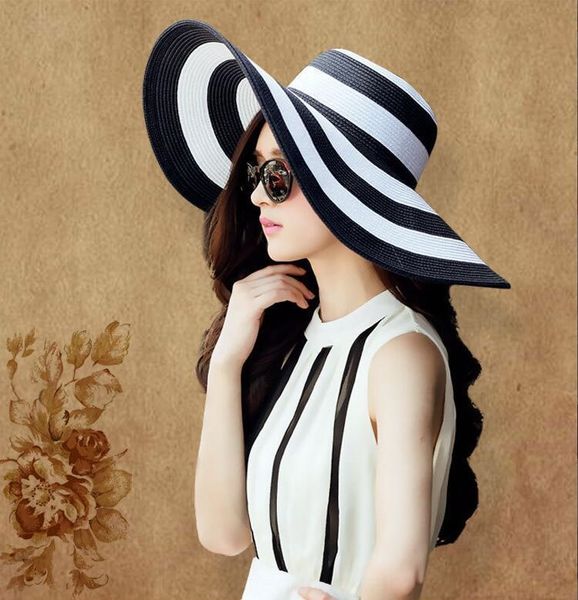 

black and white striped big straw sunscreen eaves outdoor travel sunscreen big edge hat net red straw hat, Blue;gray
