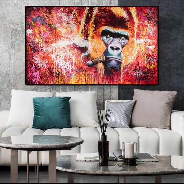 

Monkey Smoking a Cigar Graffiti Art Canvas Paintings Animals Street Art Wall Art for Living Room Home Decor (No Frame)
