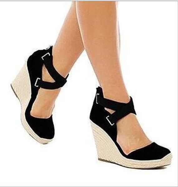 

large size beige heeled sandals female shoe comfort shoes for women wedge slip-on loafers summer women's high heels sizes, Black
