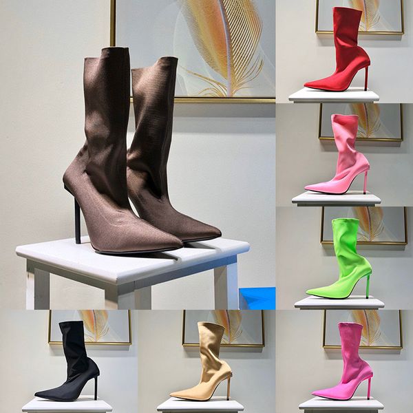 

designer womens sock boots luxury black brown apricot red pink green stretch socks high heels boots with box size 35-40