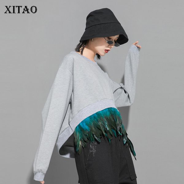 

xitao feather patchwork pullover women batwing sleeve irregular loose fashion casual 2020 new autumn sweatshirt goddess zp1554, Black