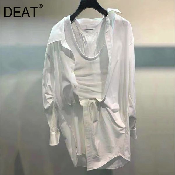 

deat 2020 new summer fashion women clothing turn-down collar full sleeves pleated cotton straps shirt dress female two pieces, White