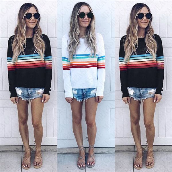 

2020 color stripe hoodie long sleeve t shirt women summer autumn spring pullover sweatshirt girls hip hop blouse hoodies sale d71514, Black