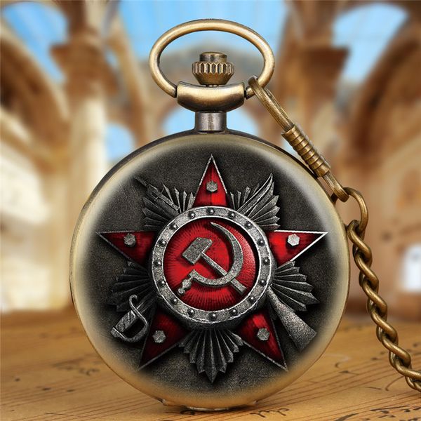 

retro antique watches ussr soviet badges sickle hammer style quartz pocket watch cccp russia emblem communism cover pendant chain, Slivery;golden