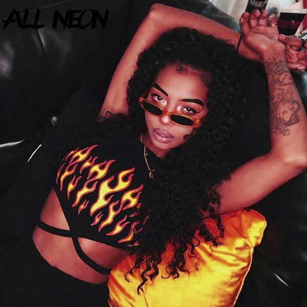 

unk fire graphic cropped halter backless hollow out waist bandage straped tank vintage e-girl 90s summer cami, White