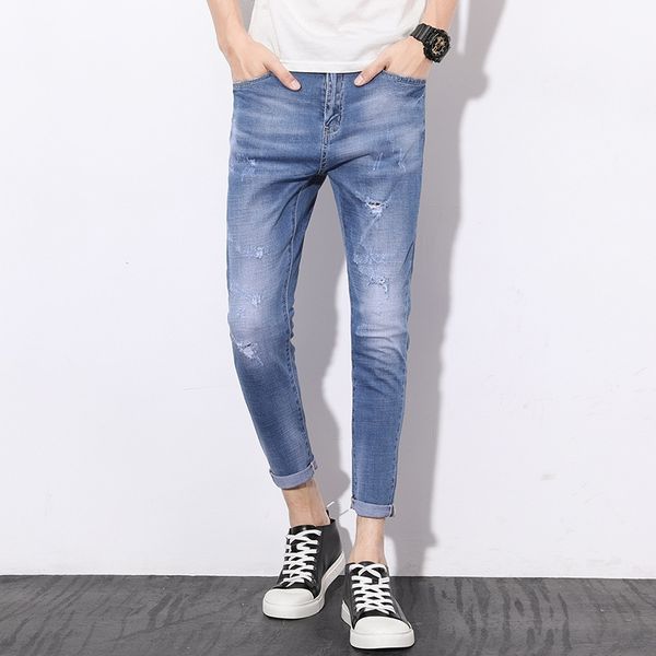 

season new men's personalized fashion slim-fit skinny tight pants and jeans pants flanging holes casual cropped jeans for men, Blue