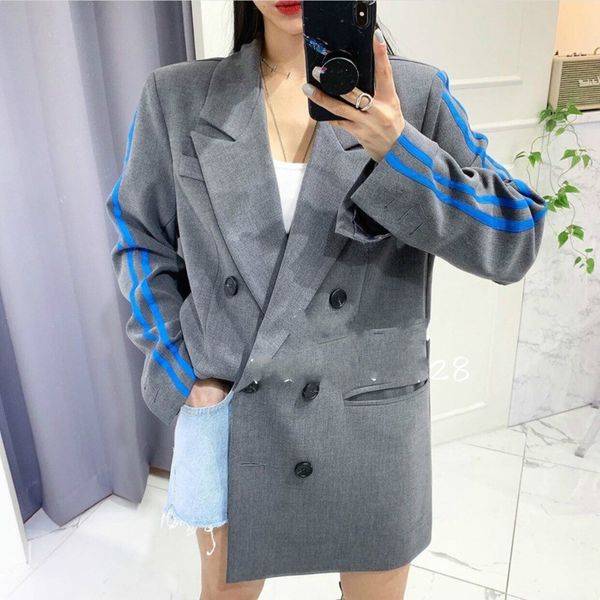 

ewq] autumn coats 2020 new women lapel loose double-breasted blue striped suit with lining ladies gray blazer suits outwear, White;black