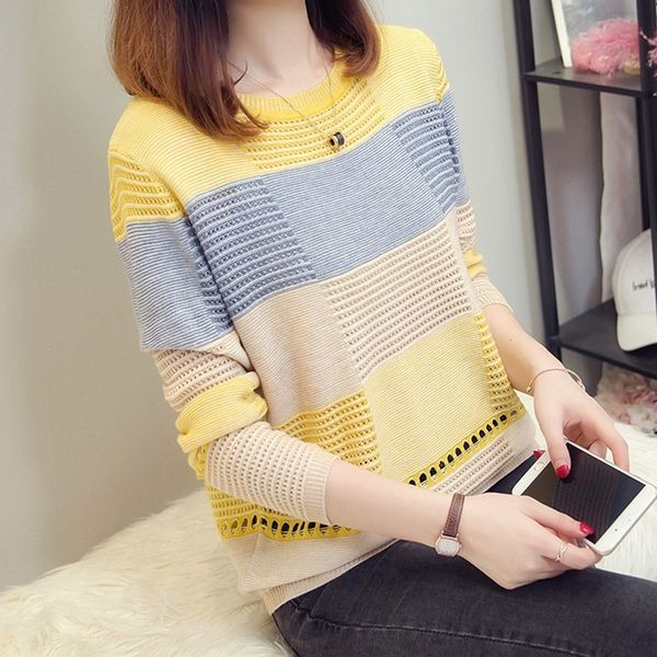 

psmh0 2019 pullover knitwear early autumn new women's clothing korean style color matching loose striped long sleeve base shirt pullove, White;black