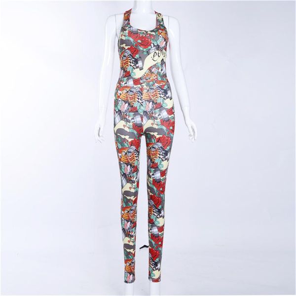 

1 piece yoga sport jumpsuits backless female gym clothes flower print running fitness workout set sport yoga set for women ct10, White;red