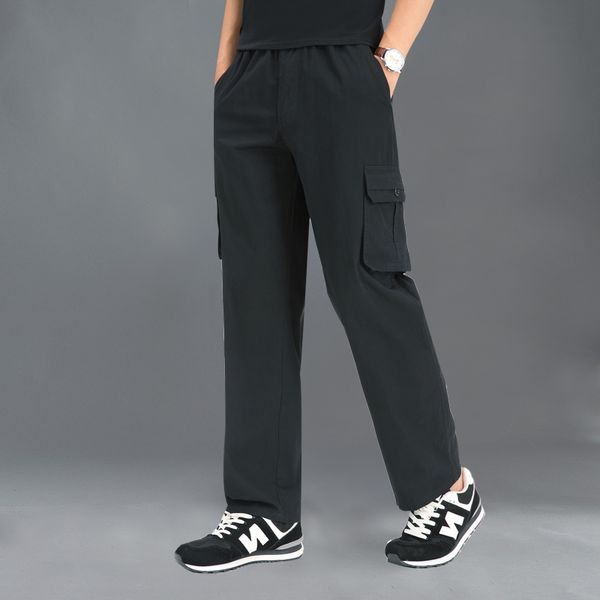 

black mens cargo pants cotton pocket thin elasticity pants full length male straight trousers homme loose casual new