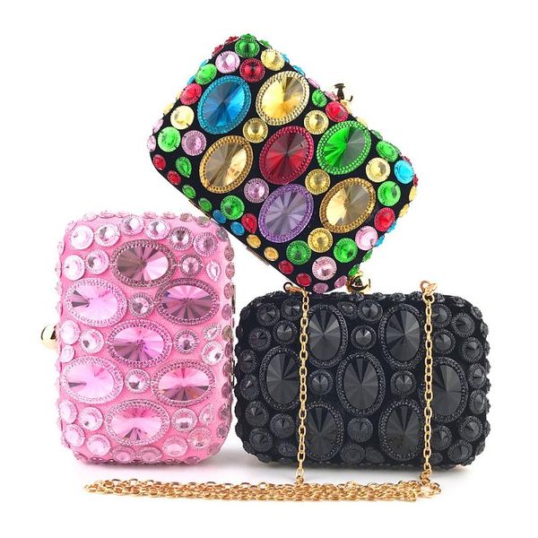 

handmade double faced crystal gem beading evening bag black pink colorful rhinestone day clutches wedding bride phone handbag