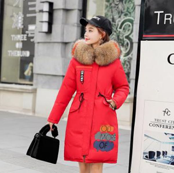 

wholesale women's fashion hooded fur collar loose and versatile wear mid-length student down jacket, Black