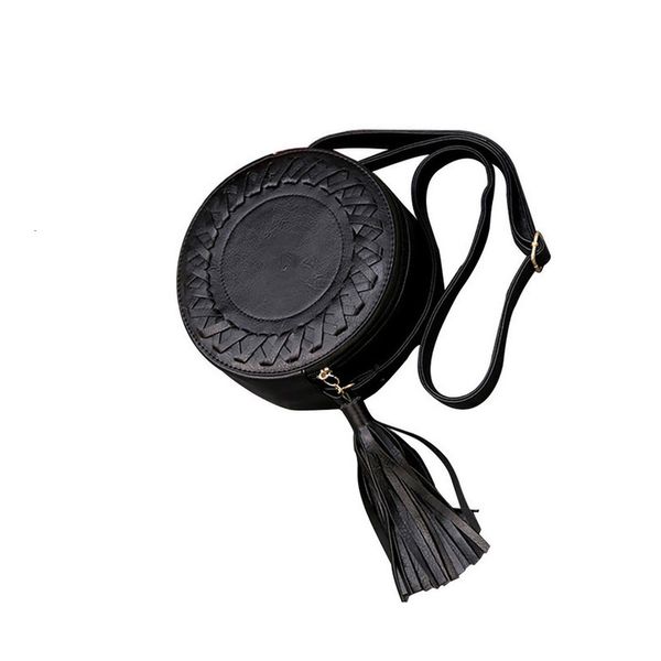 

women leather female zipper messenger bags round casual one shoulder adjustable braided tassel zipper small round bag