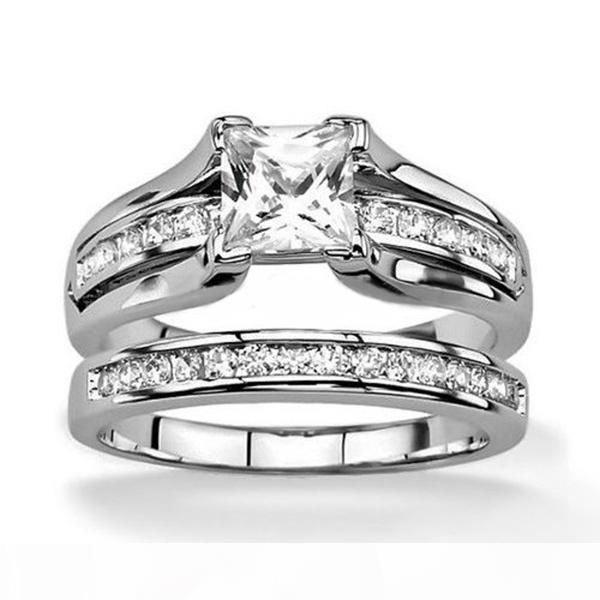 

r his and her couple ring set fashion jewelry 10kt white gold filled stainless steel z crystal women men bridal ring set gift size, Slivery;golden