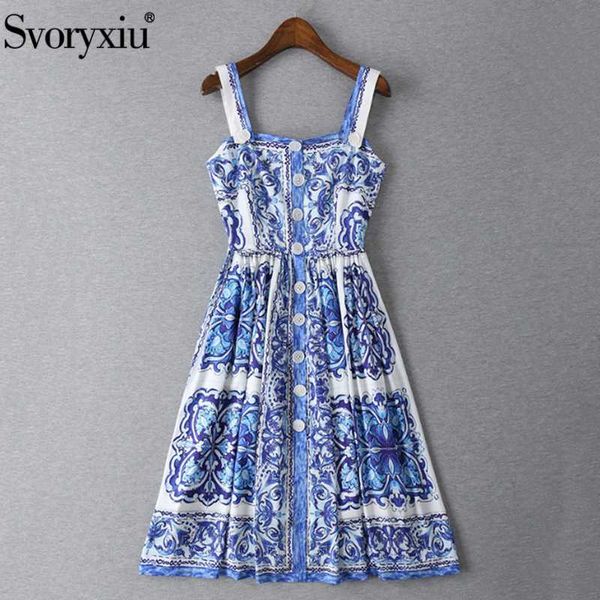 

casual dresses svoryxiu runway designer summer women beach backless spaghetti strap ladies sleeveless blue print vintage midi dress, Black;gray