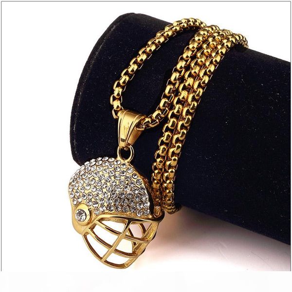 

2017 hipsters punk hip hop jewelry titanium steel 24k gold plated rhinestone rugby helmet pendant long chains necklace for mens women, Silver