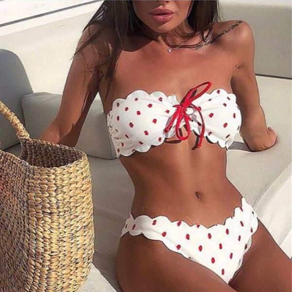 

2020 new polka dot bikini women bandeau push up swimwear summer bikinis beachwear swimsuit female print bikini set bathing suit, White;black