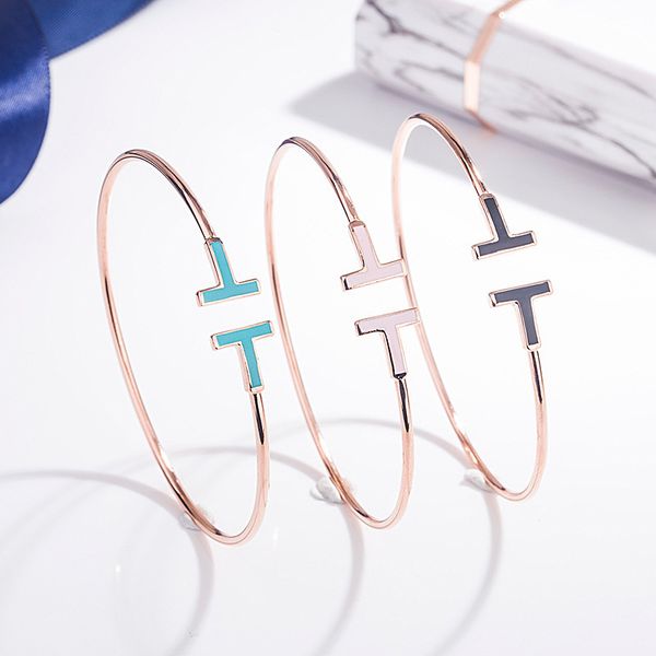 

s925 sterling silver double t bracelet fashionable double-sided enamel drop glue female bracelet jewelry gift, Golden;silver