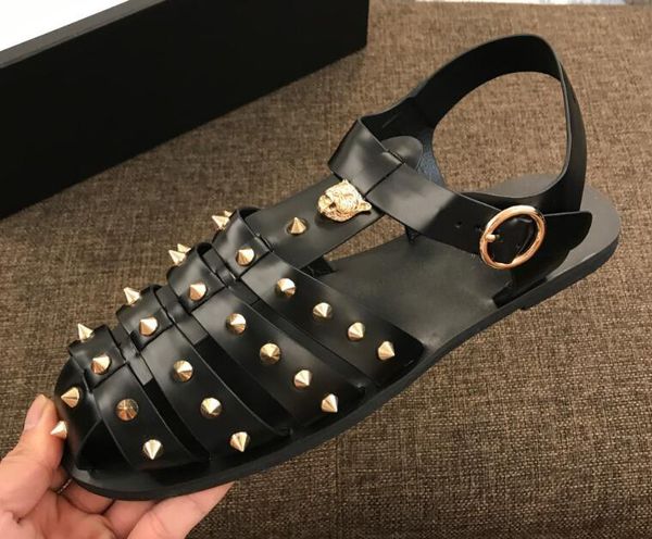 

orignal box new hiphop tiger mens rivet flat heels casual sandals genuine leather party beach cool slipper shoes 38-45 01d cs08, Black