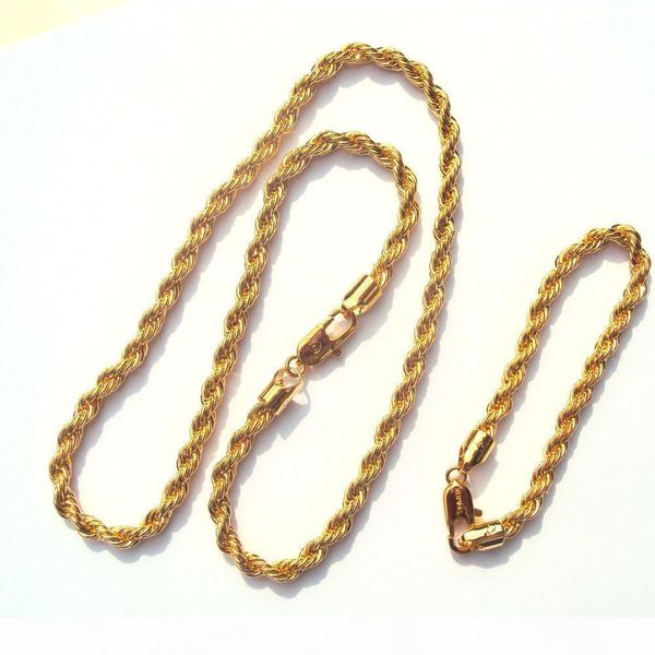 

xupinp chain 6mm 14 k yellow solid gold filled thick twisted braided mens hip hop 24" inch necklace and bracelet set select, Silver